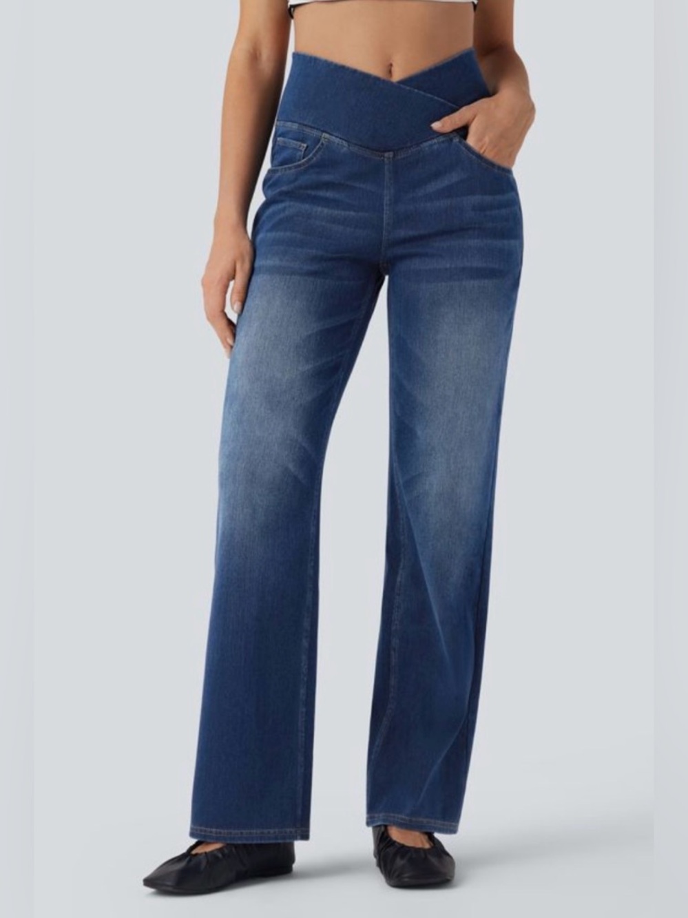 Halara Flex Denim Jeans Crossover High Waist Tummy Control Straight Leg SMALL